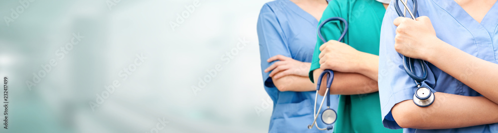 Healthcare people group. Professional doctor working in hospital office or clinic with other doctors, nurse and surgeon. Medical technology research institute and doctor staff service concept. - obrazy, fototapety, plakaty 