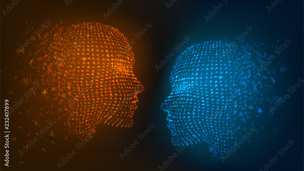 The battle of opposites, good and evil, fire and ice, man and woman. Two glowing heads: orange and blue - obrazy, fototapety, plakaty 