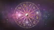 Golden wheel with twelve signs of the zodiac in cosmos, astrology, esotericism, prediction of the future.