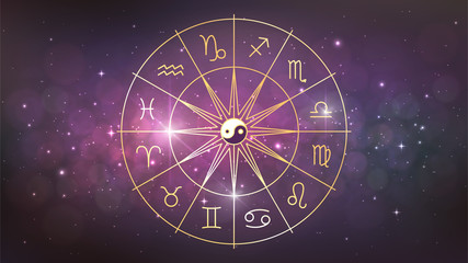 Wall Mural - golden wheel with twelve signs of the zodiac in cosmos, astrology, esotericism, prediction of the fu