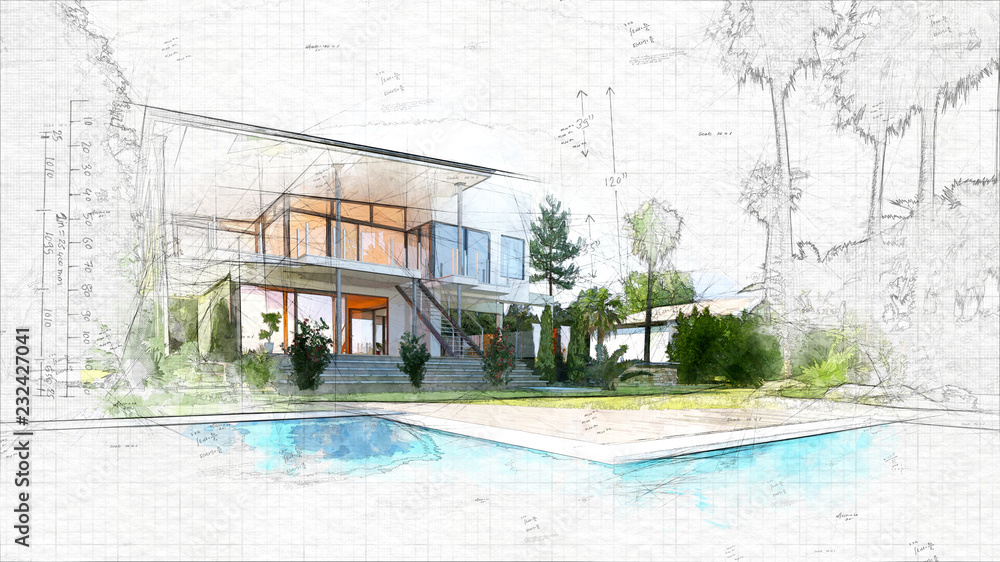 architectural sketch of a house - obrazy, fototapety, plakaty 