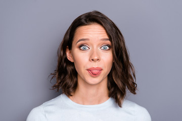 Wall Mural - Close up photo portrait of attractive careless lady with her bru