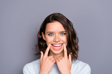 Close up photo portrait of cheerful glad positive lady with her 