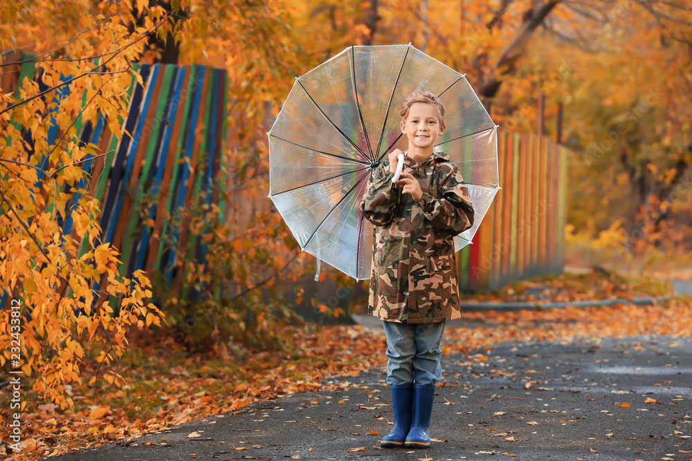 Cute little boy with umbrella in park on autumn day