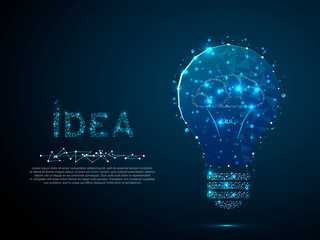 idea with geometry triangle. brain silhouette lamp bulb image. incandescent lamp. low poly, polygona
