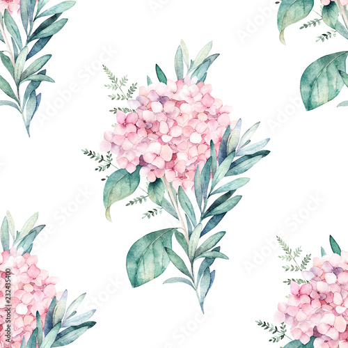Watercolor seamless pattern. Vintage print with hortensia flowers and eucalyp...