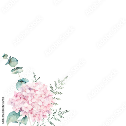 Watercolor floral card with eucalyptus branch, hydrangea and fern. Hand drawn...