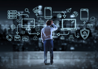 Poster - Businessman watching tech devices and icons thin line interface
