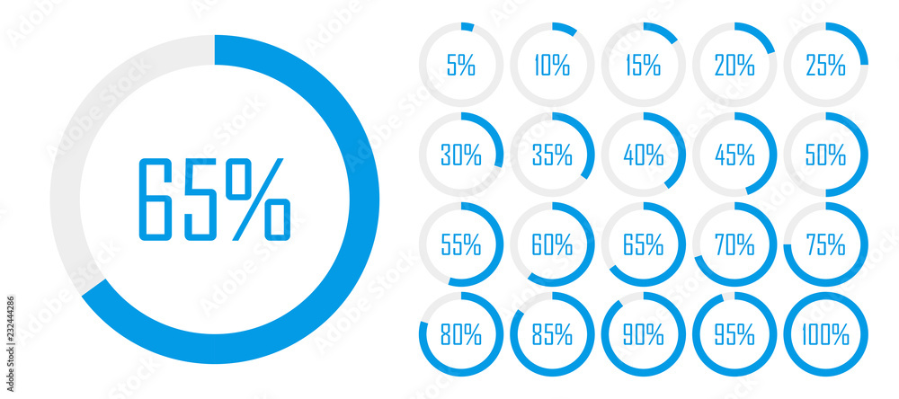 Set of circle percentage diagrams from 0 to 100 for web design, user UI interface or infographic - indicator with blue color. Vector illustration - obrazy, fototapety, plakaty 