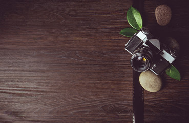 Photographers business card background. Zen photography background concept with green leaves and sea stones on dark brown natural wooden background.