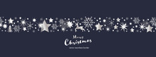 Christmas Time. Dark Blue And Silver Snowflake And Star Seamless Border With Reindeer And Tree. Text : Merry Christmas 