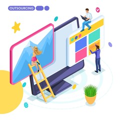 Wall Mural - isometric business concept, outsourcing, remote work, freelancing, collaborating on one project. you