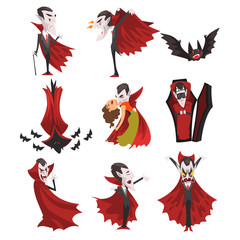 Poster - Count Dracula set, vampire cartoon character in red cape in different situations vector Illustration on a white background