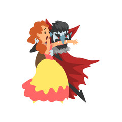 Wall Mural - Count Dracula biting a young beautiful woman, vampire cartoon character wearing vector Illustration on a white background