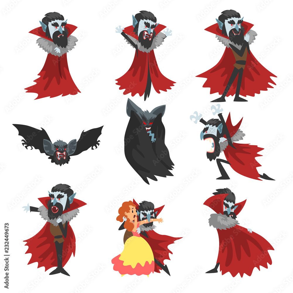 reepy Count Dracula set, vampire cartoon character in different ...
