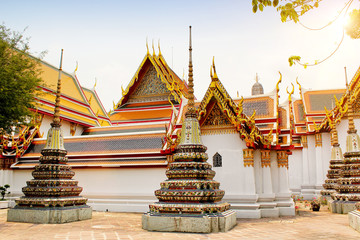 Temple of the Emerald Buddha at sunset, Thailand, Bangkok, Wat Phra Kaew. The royal grand palace