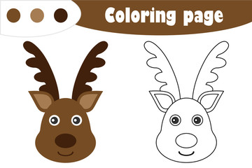 Deer in cartoon style, christmas coloring page, education paper game for the development of children, kids preschool activity, printable worksheet, vector illustration