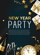 New Year party poster with Christmas decorations, gifts, Champagne and clock.