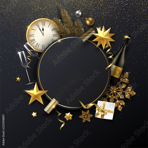 Fotografía Christmas and New Year round poster with Christmas decorations, gift, Champagne and clock