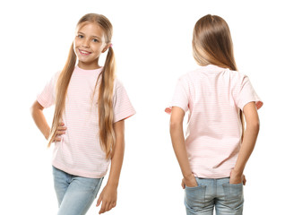 Wall Mural - Little girl in t-shirt on white background. Front and back view