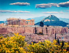 Great Spring View Of Parthenon, Former Temple, On The Athenian Acropolis, Greece, Europe. Colorful Morning Scene In Athens. Treveling Concept Background. Artistic Style Post Processed Photo.