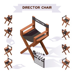 Vector 3d illustration with director chair making movie in isometric style. Various foreshortening, shadows. Backstage filming collection