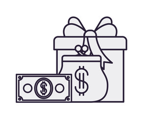 Sticker - gift with coin bag and dollar isolated icon