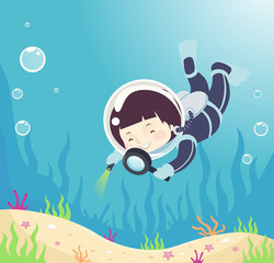 Wall Mural - Kid Boy Magnifying Glass Observe Underwater