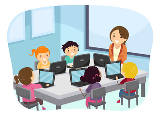 Wall Mural - Stickman Kids Teacher Laptop Class Illustration