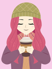 Canvas Print - Teen Girl Sweater Hold Latte Illustration