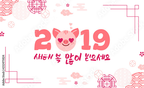 2019 Happy New Year Zodiac Pig Sign Character Asian Traditional