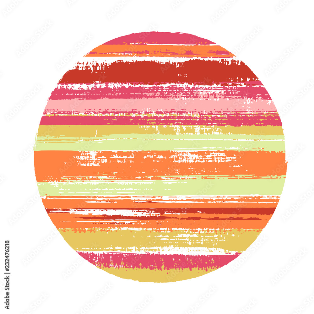 Abstract circle vector geometric shape with stripes texture of ink horizontal lines. Old paint texture disc. Label round shape logotype circle with grunge stripes background. - obrazy, fototapety, plakaty 