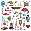 Doodle Japanese characters. Vector hand drawn icons. Set of sketches oriental design elements.