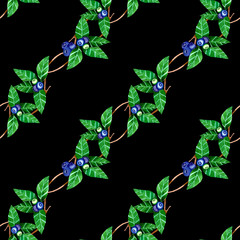 Pattern of twigs, berries and leaves of blueberry painted with watercolor. Seamless pattern of blueberry.