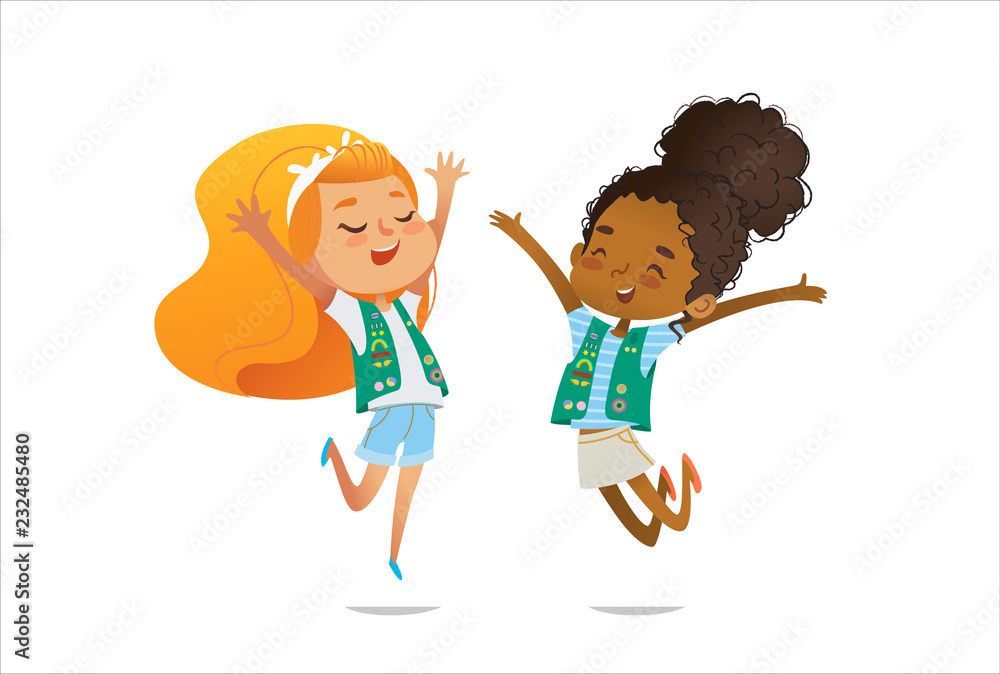 Young smiling girls scout dressed in uniform with badges and patches happily jump isolated on white background. Female scouter, member of troop, speaker. - obrazy, fototapety, plakaty 
