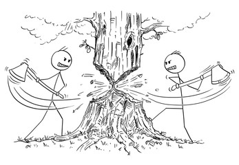 Poster - Cartoon stick drawing conceptual illustration of two lumberjacks with ax or axe who are rejecting cooperation and cutting down tree from opposite sides instead. Business concept of competition and