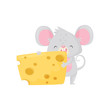 Adorable mouse eating big piece of cheese. Rodent with gray fur, big pink ears and long tail. Flat vector design
