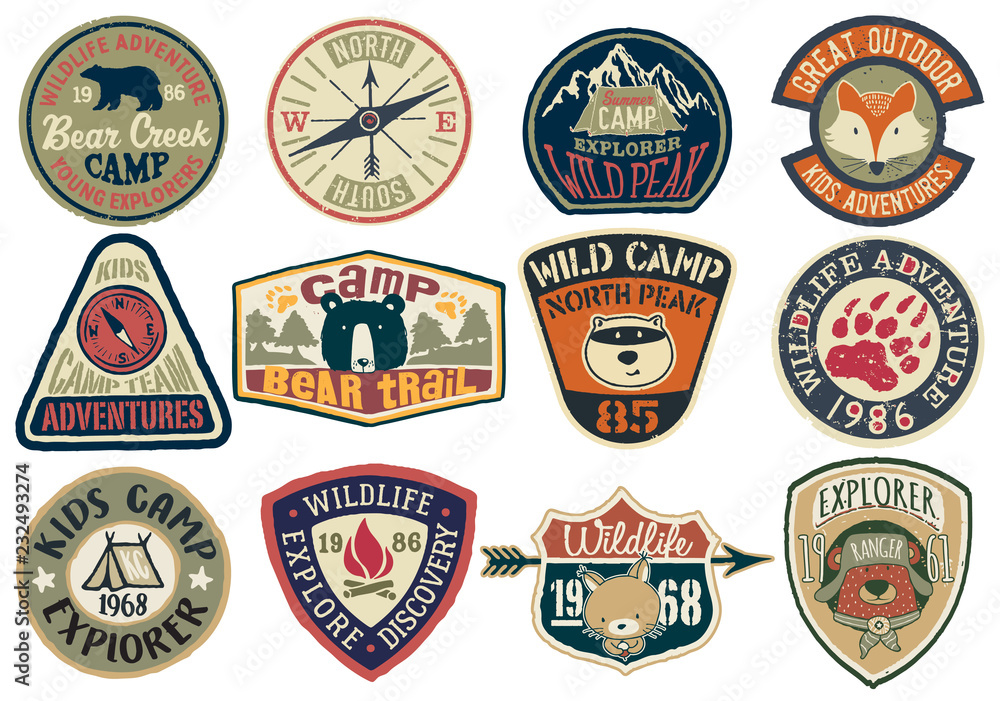 Cute vector collection of mountain camp and wildlife adventure badges for children wear print or embroidery - obrazy, fototapety, plakaty 