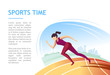 Sports time. Woman run on a running track against city background. Modern vector illustration concept