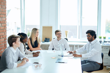 Wall Mural - boss of the company has gathered his office workers to discuss problems. start up business. trade