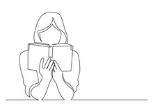 Continuous Line Drawing Of Woman Focused On Reading Interesting Book