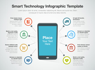 Infographic for smart technology template with smart phone as main symbol, colorful circles and icons. Easy to use for your website or presentation.