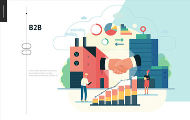 Wall Mural - Business series, color 1 - b2b. business to business - modern flat vector illustration concept of b2b - a factory and a corporate buildings shaking their hands. Creative landing page design template