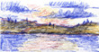 Rising sun on the lake, landscape. Hand-drawn color pencil illustration. Sketch in the open air.