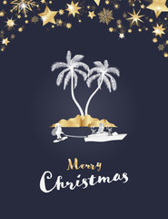 Wall Mural - Christmas time. Reindeers in boat pull Santa Claus on skis. Tropical landscape in golden style. Text: Merry Christmas