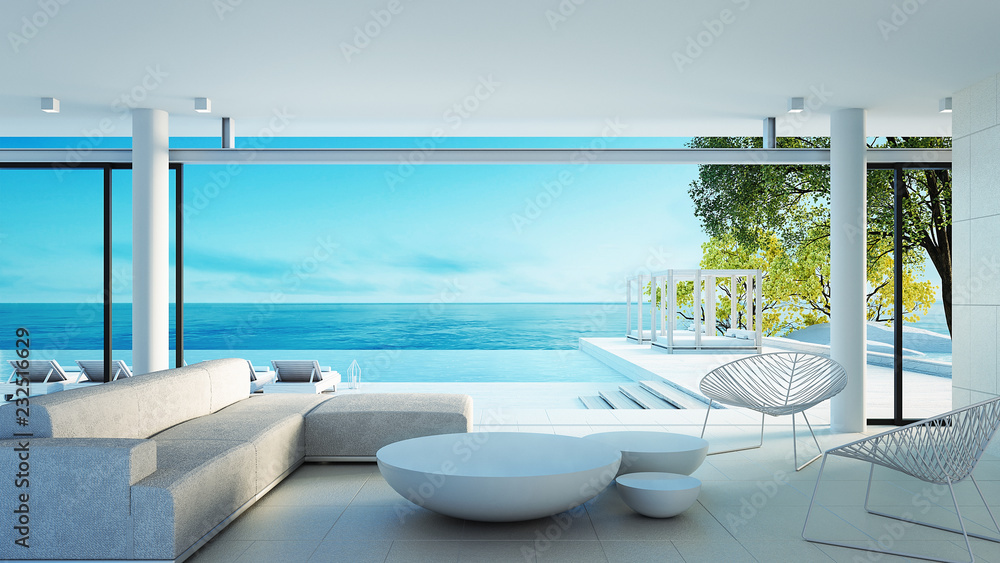 Beach living on Sea view - perfect living / 3d rendering - obrazy, fototapety, plakaty 