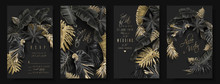 Tropical Leaves Black And Gold Wedding Cards