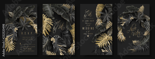 Cuadros en Lienzo Tropical leaves black and gold wedding cards