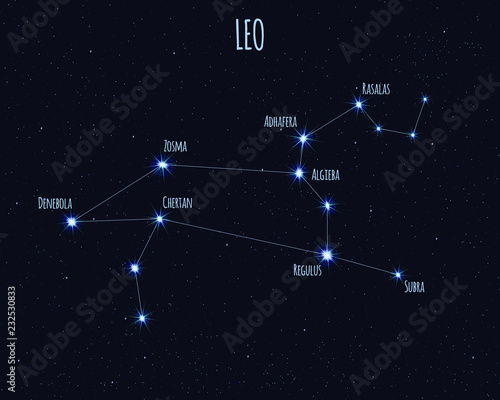 Leo The Lion Constellation Vector Illustration With The Names Of Basic Stars Against The Starry Sky Stock Vector Adobe Stock