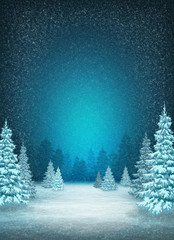 winter snow background. christmas trees in the snow. frosty night. pines in hoarfrost.
